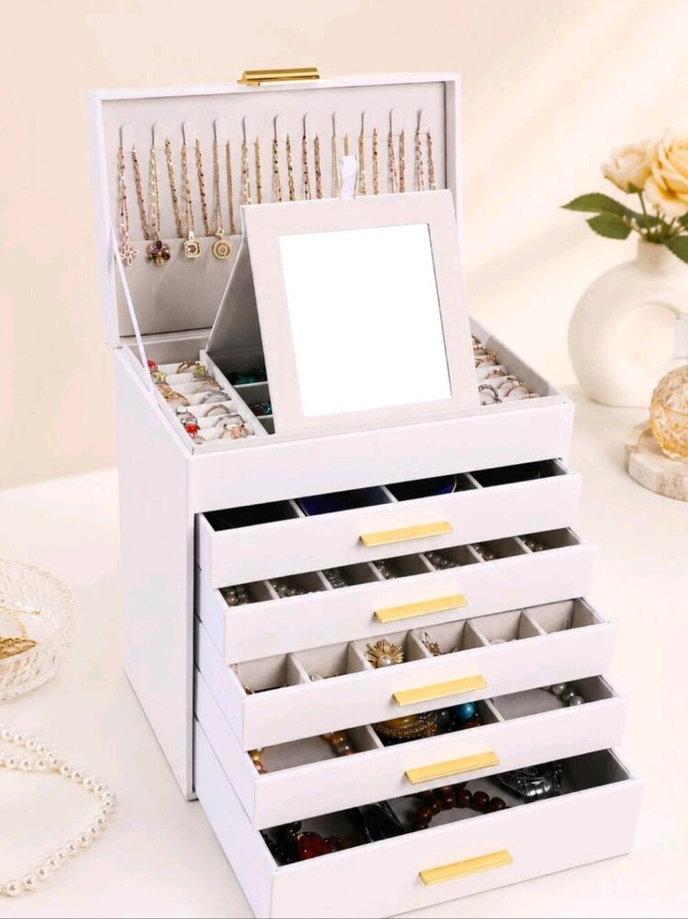 White Jewelry Organizer Box with Mirror - Elegant Home Storage